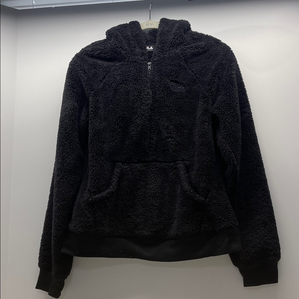 Fila Hoodie Medium Women's Black Half Zip Pullover Hooded Sherpa Faux Fur